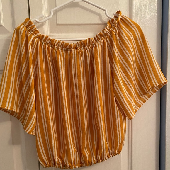Mustard and white off the shoulder top. - Picture 2 of 6